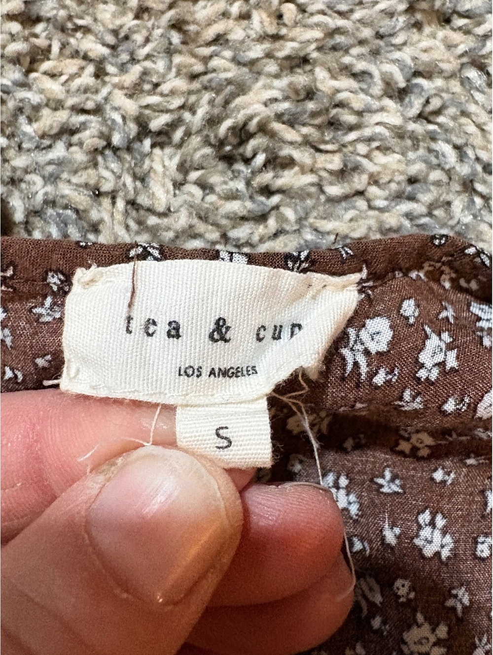 Tea & Cup Women’s Small  Brown Floral Top with White Lace Detail Size Small